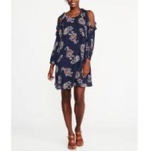 Navy blue floral cold shoulder dress